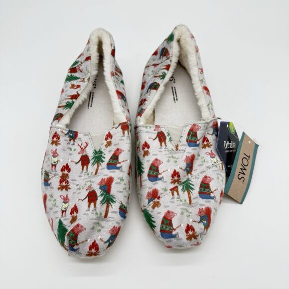 Toms Women's Slippers Shoes 9 Faux Fur Gray Woodland Animals Forest Holiday - Picture 1 of 4